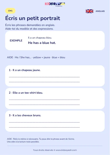 Écrire un portrait avec He has et She has au CM1 — fiche enfant
