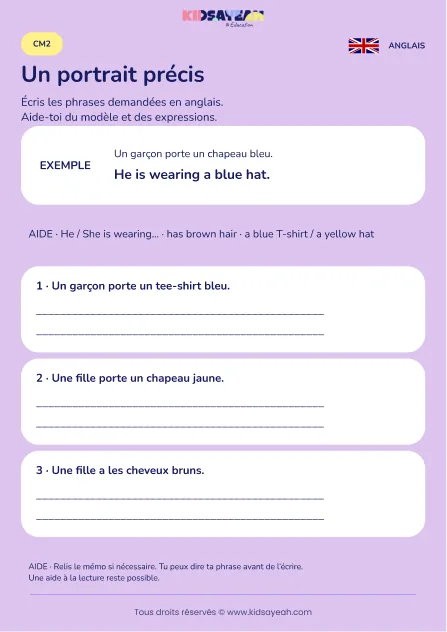 Écrire un portrait avec is wearing et has au CM2 — fiche enfant