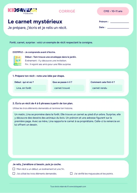 Corrigé - récit court CM2 exercice à imprimer