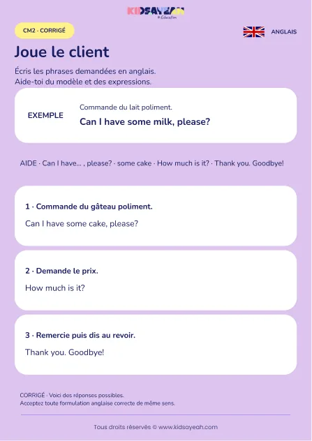 Écrire une commande polie au café en anglais au CM2 — corrigé