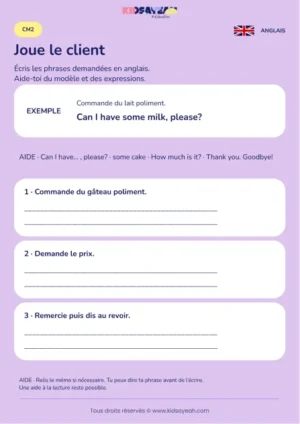 Écrire une commande polie au café en anglais au CM2 — fiche enfant