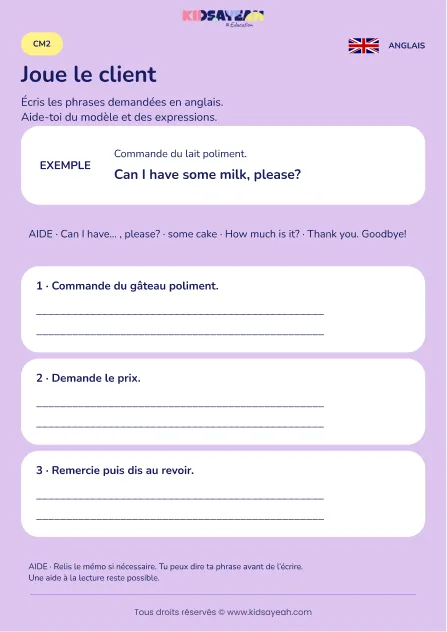 Écrire une commande polie au café en anglais au CM2 — fiche enfant