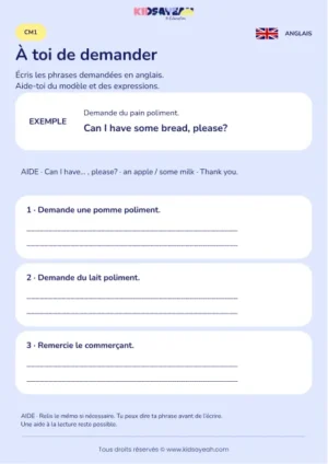 Écrire une demande polie avec Can I have au CM1 — fiche enfant