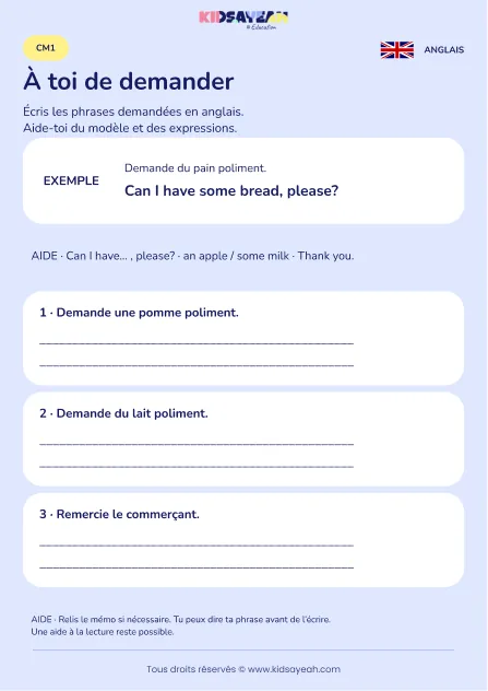 Écrire une demande polie avec Can I have au CM1 — fiche enfant