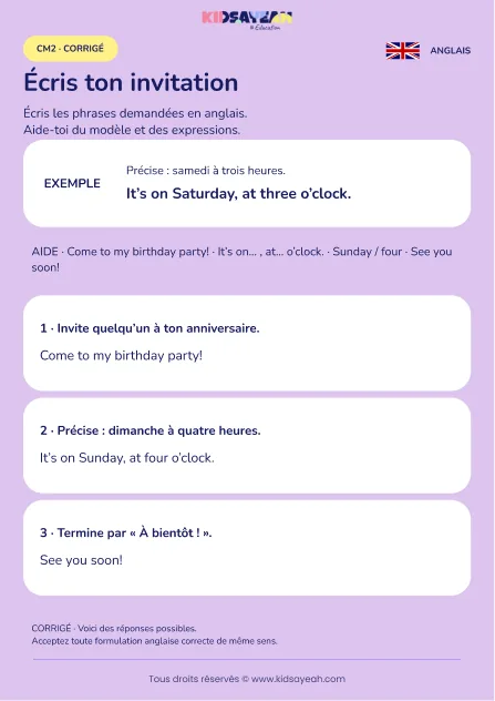 Écrire une invitation guidée en anglais au CM2 — corrigé