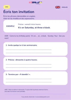 Écrire une invitation guidée en anglais au CM2 — fiche enfant