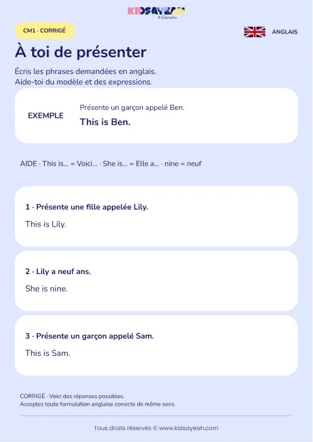 Écrire une présentation de Lily et Sam en anglais au CM1 — corrigé