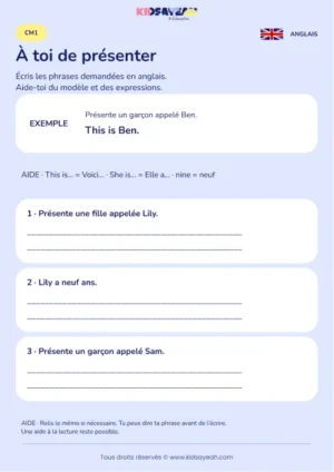 Écrire une présentation de Lily et Sam en anglais au CM1 — fiche enfant