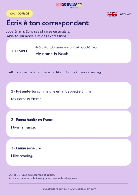 Écrire une présentation guidée pour un correspondant au CM2 — corrigé