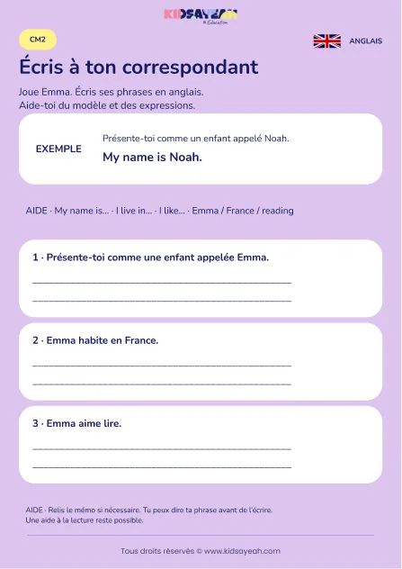 Écrire une présentation guidée pour un correspondant au CM2 — fiche enfant