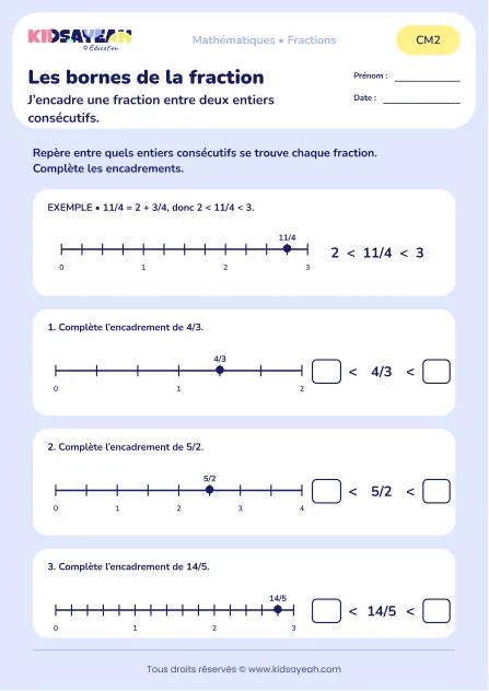 Encadrer 4/3, 5/2 et 14/5 sur des droites au CM2 : aperçu de la fiche Les bornes de la fraction