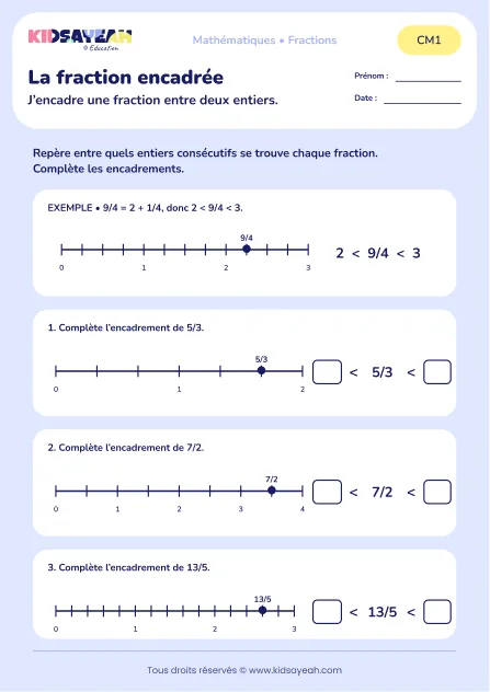 Encadrer 5/3, 7/2 et 13/5 entre deux entiers au CM1 : aperçu de la fiche La fraction encadrée