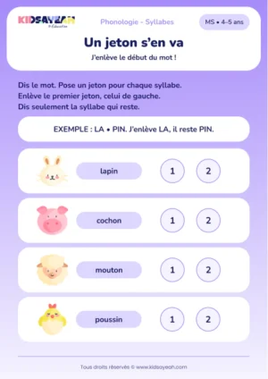 Enlever la première syllabe de quatre animaux avec des jetons en MS — aperçu de la fiche à imprimer