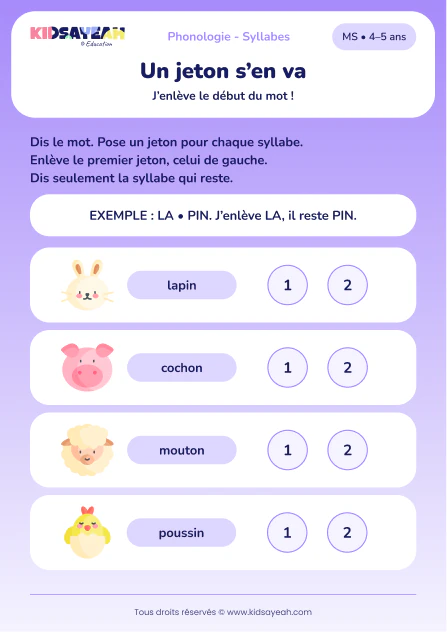 Enlever la première syllabe de quatre animaux avec des jetons en MS — aperçu de la fiche à imprimer