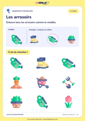 Entourer les arrosoirs comme le modèle parmi neuf images du jardin — fiche d’observation 3–4 ans