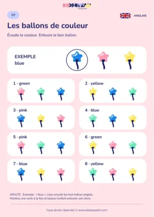Entourer les ballons de couleur entendus en anglais au CP — fiche enfant