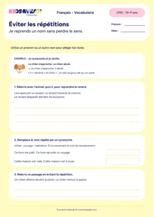 éviter les répétitions CM2 exercice à imprimer - fiche élève