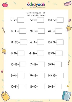 Exercice d’addition de 0 à 20 pour CP - fiche 1