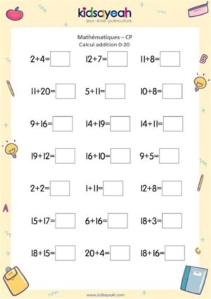 Exercice d’addition de 0 à 20 pour CP - fiche 23