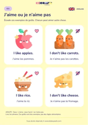 Exprimer ses goûts avec I like et I don’t like au CE1 — leçon illustrée