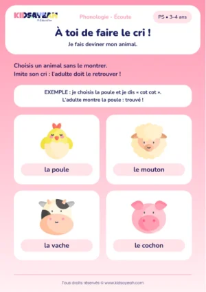 Faire deviner quatre animaux par leur cri en PS — aperçu de la fiche à imprimer