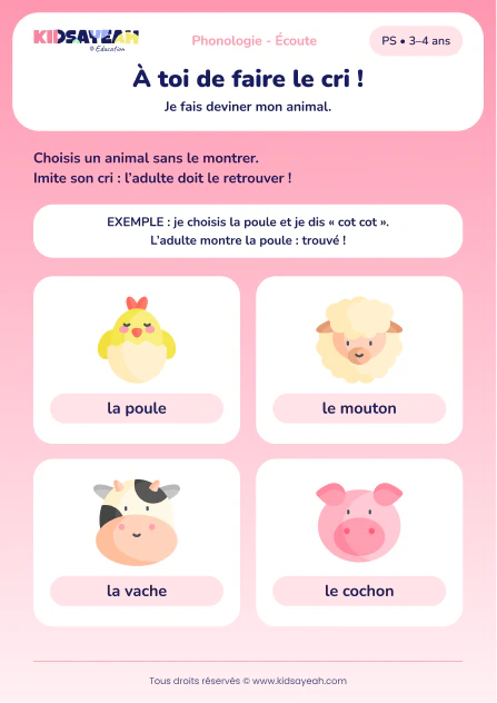 Faire deviner quatre animaux par leur cri en PS — aperçu de la fiche à imprimer