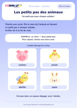 Faire un pas par syllabe avec les animaux en PS — aperçu de la fiche à imprimer