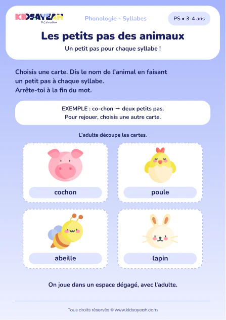 Faire un pas par syllabe avec les animaux en PS — aperçu de la fiche à imprimer