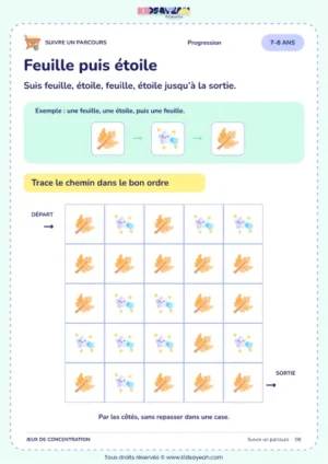 Feuille puis étoile – parcours visuel à imprimer pour les enfants de 7–8 ans