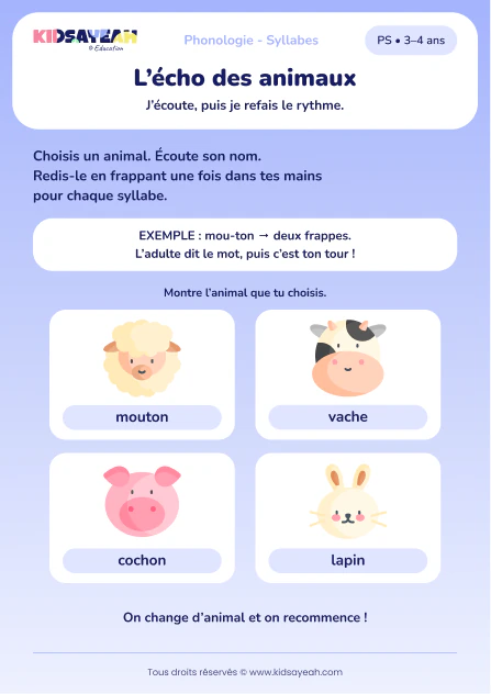 Frapper les syllabes de quatre animaux en PS — aperçu de la fiche à imprimer