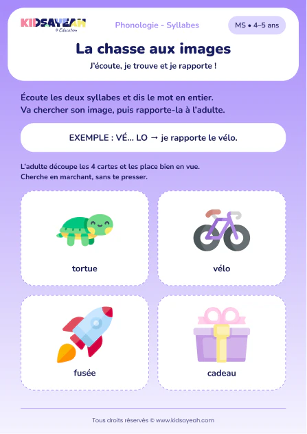Fusionner les syllabes de tortue, vélo, fusée et cadeau en MS — aperçu de la fiche à imprimer