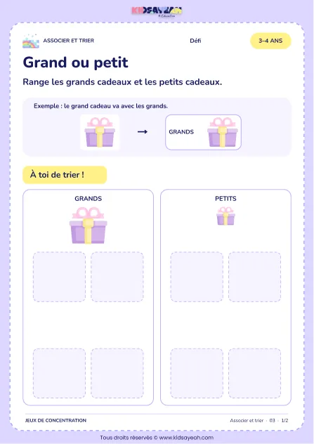 Grand ou petit – activité de tri et d’association à imprimer pour les enfants de 3–4 ans