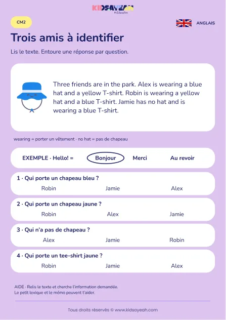 Identifier Alex Robin et Jamie d’après leurs vêtements au CM2 — fiche enfant