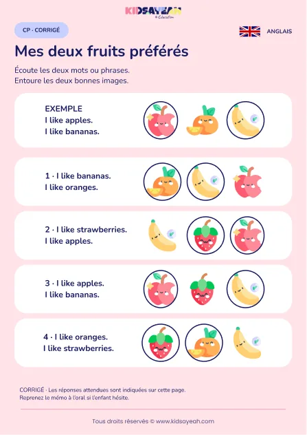 Identifier deux fruits aimés dans des phrases anglaises au CP — corrigé
