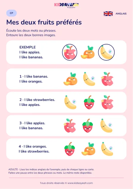Identifier deux fruits aimés dans des phrases anglaises au CP — fiche enfant