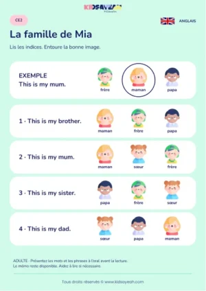 Identifier la famille de Mia dans des phrases écrites au CE2 — fiche enfant
