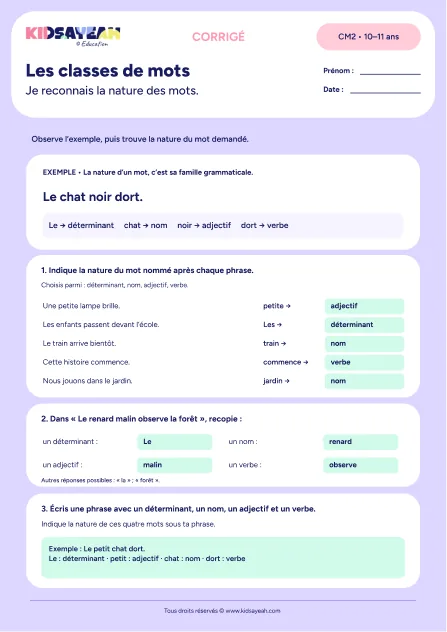 Corrigé - identifier les classes de mots au CM2