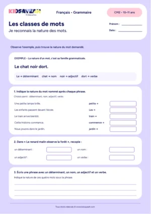 identifier les classes de mots au CM2 - fiche élève
