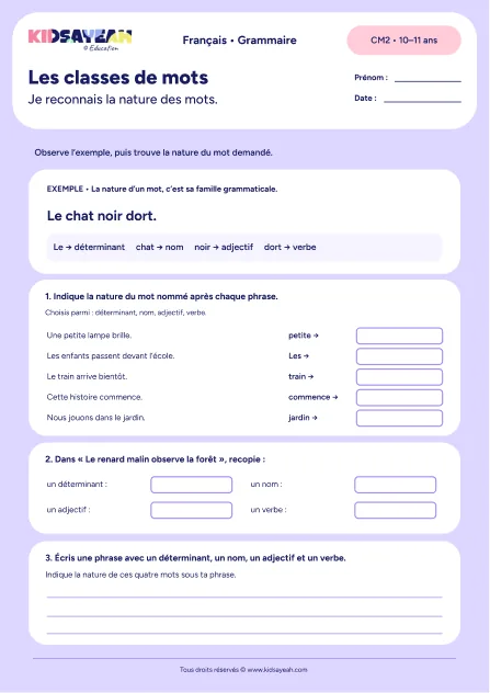identifier les classes de mots au CM2 - fiche élève