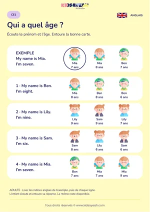 Identifier un prénom et un âge entendus en anglais au CE1 — fiche enfant