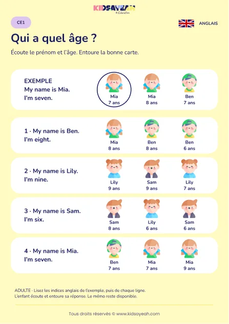 Identifier un prénom et un âge entendus en anglais au CE1 — fiche enfant
