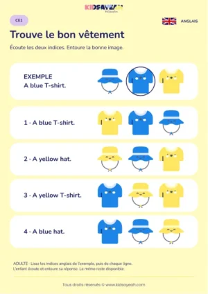 Identifier un vêtement et sa couleur à l’écoute au CE1 — fiche enfant
