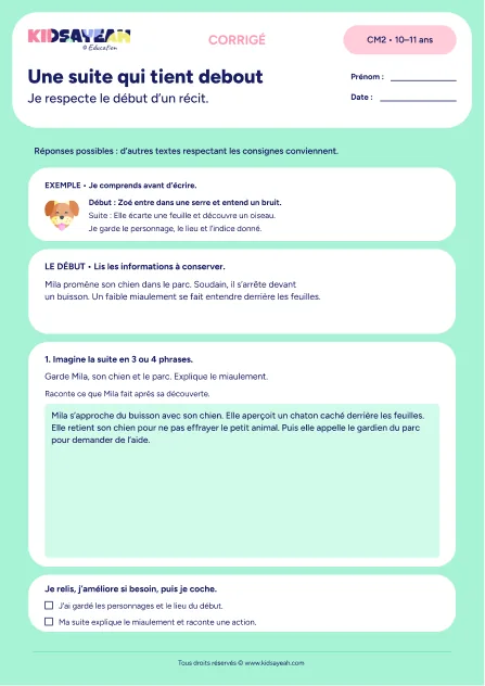 Corrigé - suite de récit CM2 exercice à imprimer