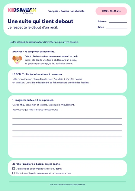 suite de récit CM2 exercice à imprimer - fiche élève