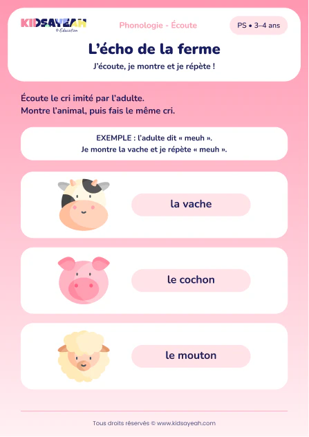 Imiter les cris de la vache, du cochon et du mouton en PS — aperçu de la fiche à imprimer
