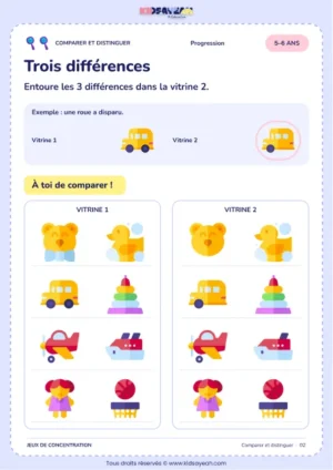 Jeu des 3 différences entre deux vitrines de jouets pour les 5–6 ans