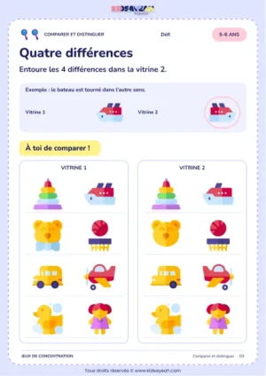 Jeu des 4 différences entre deux vitrines de jouets pour les 5–6 ans