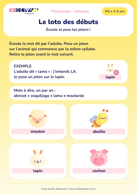Jouer au loto des syllabes initiales avec quatre animaux en MS — aperçu de la fiche à imprimer