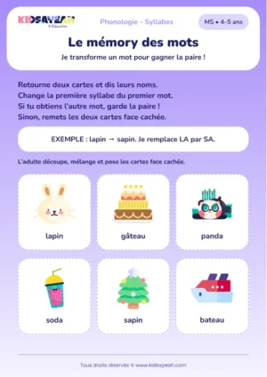 Jouer au mémory lapin-sapin, bateau-gâteau et panda-soda en MS — aperçu de la fiche à imprimer