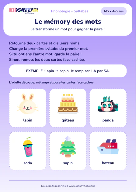 Jouer au mémory lapin-sapin, bateau-gâteau et panda-soda en MS — aperçu de la fiche à imprimer